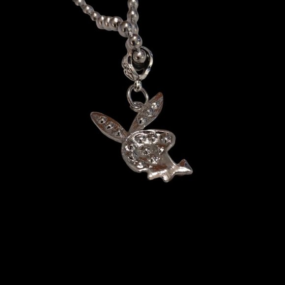Bunny Choker 🐰 Crystal Rhinestone Pendant –17" Silver Ball Bead Choker Chain - Picture 5 of 8